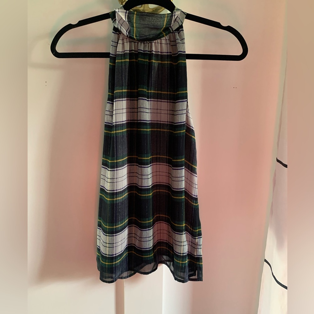 J. Crew Back Tie Halter Top Blue Green Yellow Plaid Size 0 Sheer Layered Shimmer